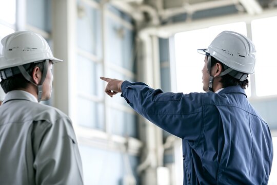工場現場で作業服の男性作業員が指差して指示を確認する姿