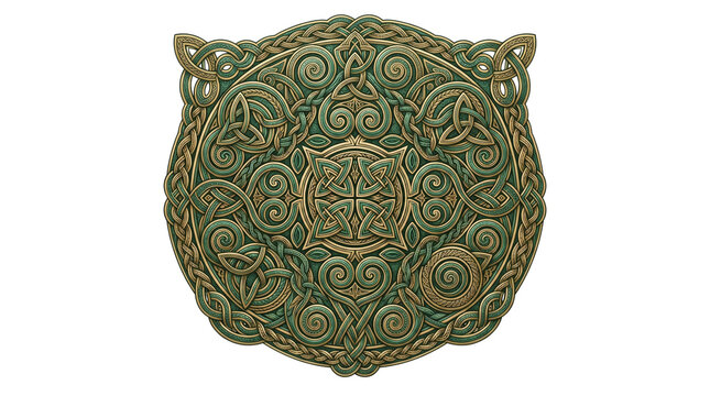 Celtic knotwork stone carving, intricate green and gold viking shield emblem, ancient nordic circular pattern with mystical interlaced swirls isolated PNG with Transparent Background