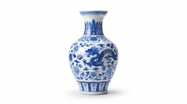 Antique Chinese porcelain vase with blue dragon motif, traditional ceramic pottery vessel, elegant blue and white glazed stoneware for interior decor isolated PNG with Transparent Background