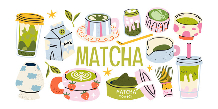 Matcha green tea vector illustration set with latte, powder, whisk, milk, leaves and traditional tea ceremony elements in cartoon style
