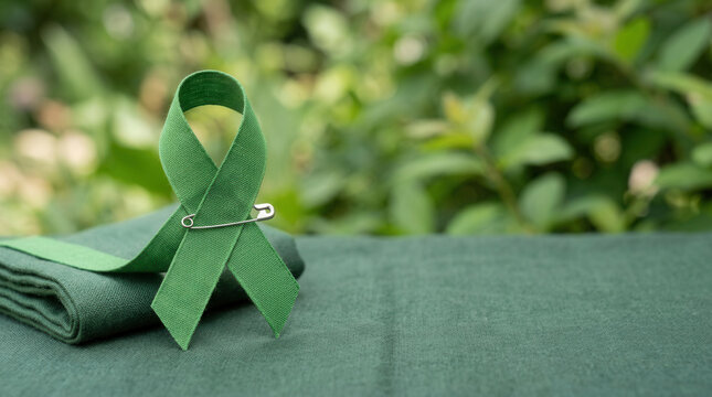 Green Ribbon Awareness Symbol with Pin Outdoors Backdrop