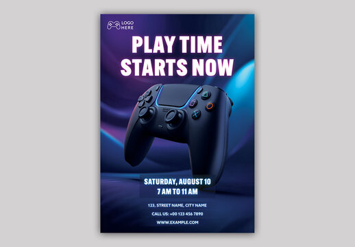 Editable Gaming Event Flyer Template with Game Controller and Modern Blue Design.