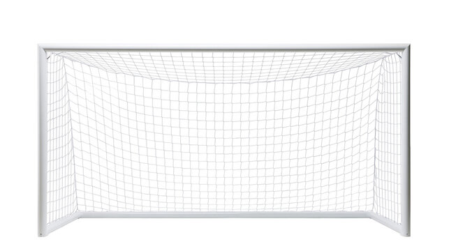 White metal soccer goal frame with nylon mesh netting