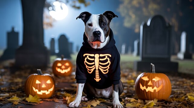 Halloween dog wearing a skeleton costume surrounded by glowing pumpkins in a cemetery