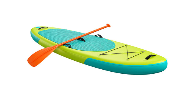 Lime green and teal inflatable stand up paddle board with orange plastic paddle