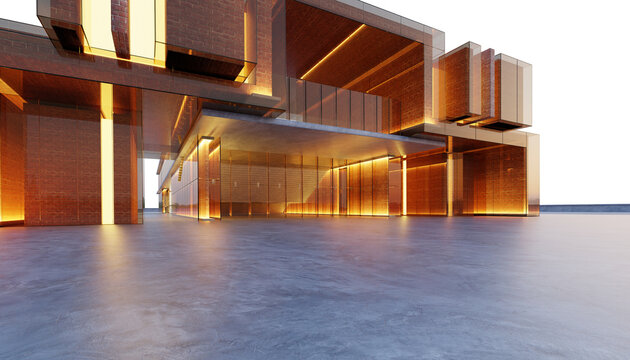3d rendering Modern building exterior with illuminated glass and brick facade