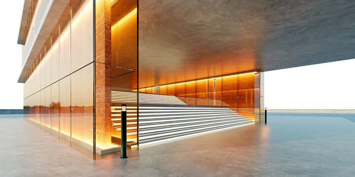 3d rendering Modern building exterior featuring glass, brick, and glowing stairs