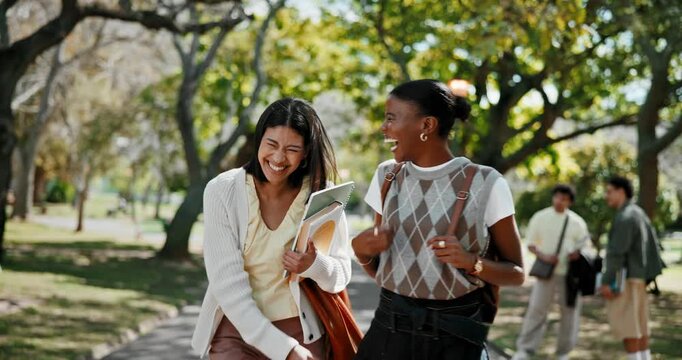 Happy, students and friends at college with high five, congratulations or acceptance for scholarship. Excited, women talk and walk outdoor with celebration for university grant, success or milestone.