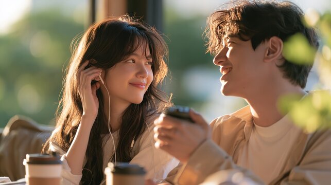 A young couple sharing earbuds and a coffee date in a warm, sunlit cafe, enjoying each other's company
