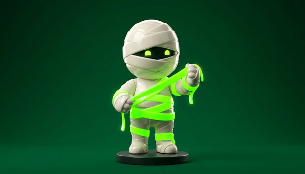 Cute stylized cartoon figurine wrapping itself in glowing neon green bandages against a dark green background