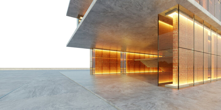 3d rendering Modern building exterior featuring glass wall and brick details