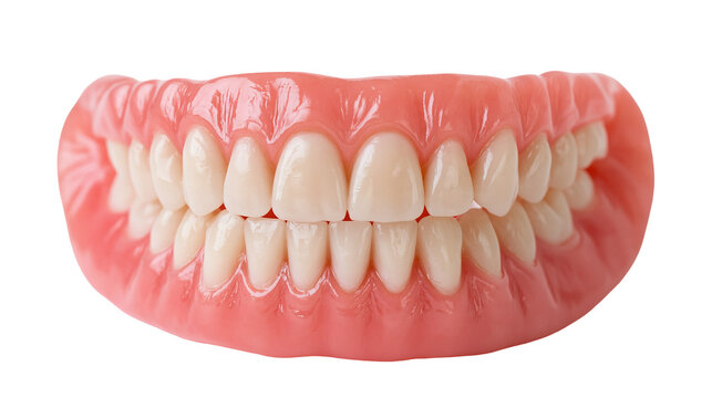 Full set of white acrylic dental dentures with pink gum base