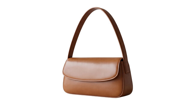 Elegant brown leather shoulder bag featuring a smooth minimalist design with a sleek handle and high quality stitching isolated on a plain white background for luxury fashion and lifestyle retail.