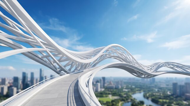 A Futuristic White Woven Bridge Suspended Over A Blurred Modern City Skyline