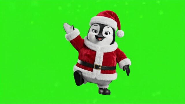 Christmas Three cute cartoon penguins wearing red santa suits posing on a bright green background ,Xmas
