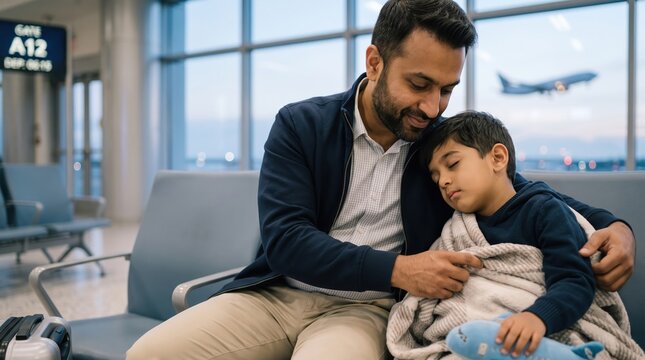 Man in a jacket hugs a sleeping boy wrapped in a blanket, holding a blue toy, seated in an airport waiting area; airplane visible outside