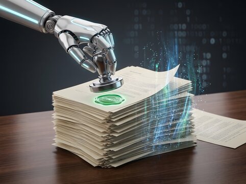 Futuristic chrome AI robot arm stamping an AUTOMATED green seal on office paperwork, transforming documents into glowing digital data streams and binary code on a dark desk.

