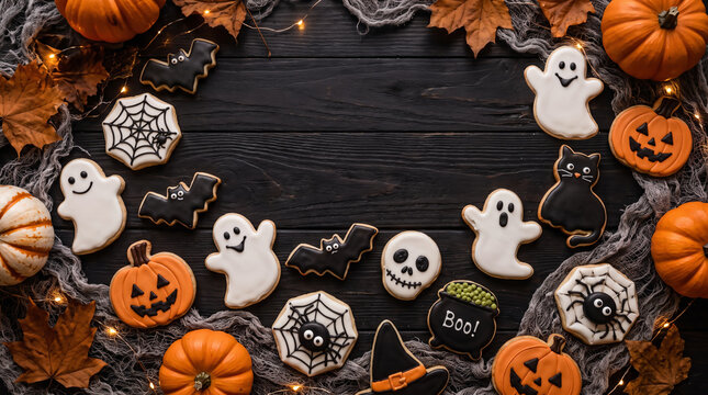Halloween sugar cookies with pumpkins ghosts black cats spiders and witch hat with space for text