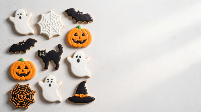Halloween sugar cookies with pumpkins ghosts black cats spiders and witch hat with space for text