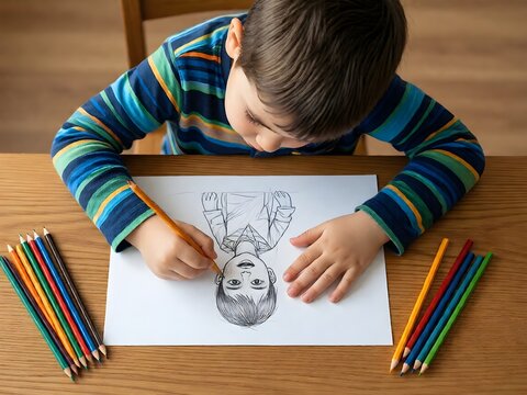 Young focused boy sitting at a wooden table sketching a detailed pencil portrait on white paper during art class.