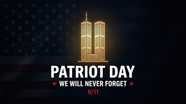 Patriot day 9/11 memorial graphic with twin towers illustration and we will never forget text on a dark background for remembrance and tribute to the victims of the attack