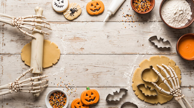 Halloween, a skeleton baking pumpkin- and ghost-shaped cookies, with space for text