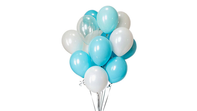 Bunch of floating blue and white helium balloons isolated on transparent background