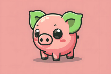 Fototapeta premium Adorable pink pig illustration with green leaf ears and big shiny eyes in kawaii style