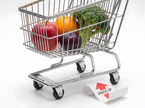 Macro shot of a silver wire shopping cart filled with fresh fruits and vegetables, next to a receipt with a red upward price arrow, symbolizing rising food costs and grocery inflation in a white studi