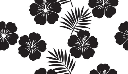 Seamless tropical hibiscus flower and palm leaf pattern vector © mazaharulislam