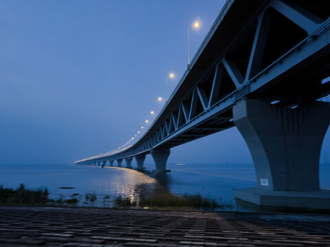 Low-Angle View of Illuminated Padma Bridge at Blue Hour, Bangladesh