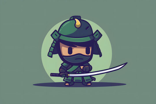 Tiny chibi samurai warrior wearing green armor and brandishing a sharp katana sword