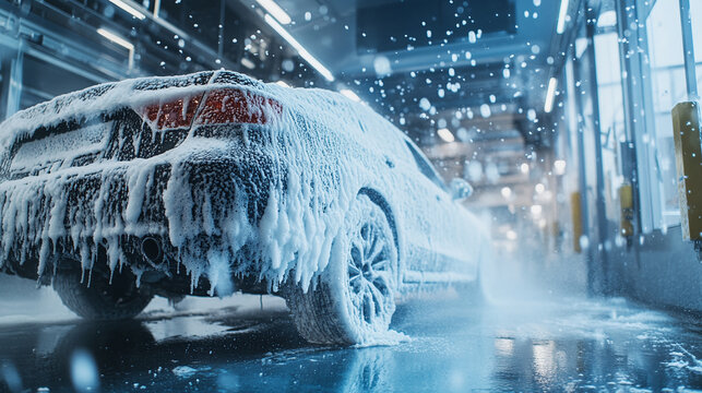 A sleek dark car covered in rich soapy foam during an automatic wash inside a modern facility with bright fluorescent lights reflecting off the wet surface, capturing a dynamic maintenance process sce