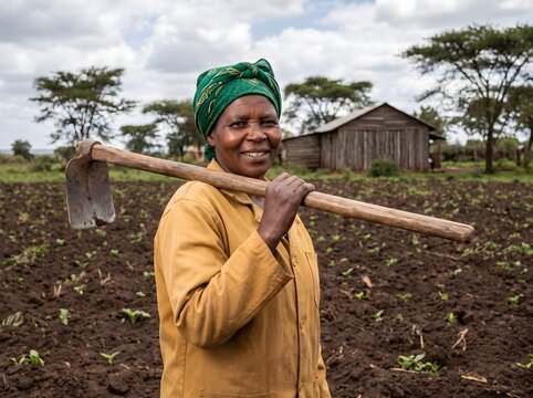 Smiling Black African female farmer with a hoe in a rural field, wearing a green headwrap and yellow coat, standing before a wooden farmhouse and acacia trees.


