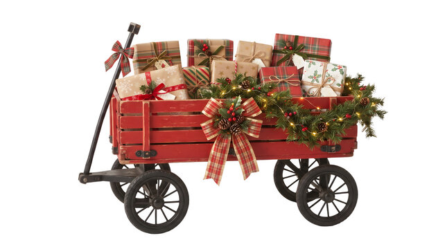 Red wooden wagon filled with christmas gifts and festive decorations isolated on transparent background