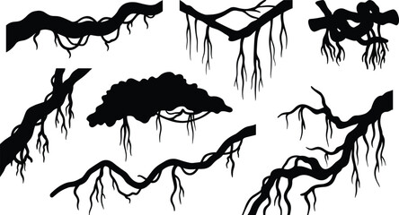 Fototapeta premium Black Tropical Tree Branch Silhouette Collection with Hanging Aerial Roots and Organic Jungle Shapes on White Background