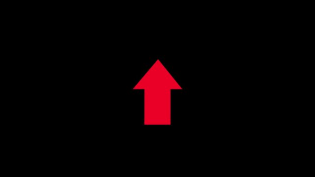 Bold red upward pointing arrow icon symbol indicating growth progress increase success direction navigation upload button vector illustration design element isolated on dark black background.