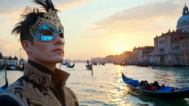 A man in a mask stands by the Grand Canal during a carnival as gondolas ride past during sunset in Venice