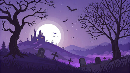 Fototapeta premium Spooky Halloween Night Landscape with Haunted Castle, Full Moon, and Graveyard Vector Illustration