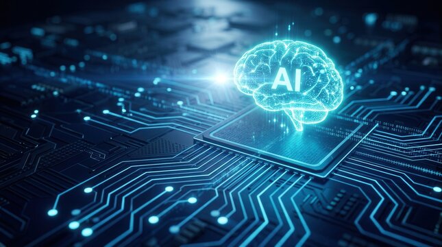 Modern computer technology and deep learning concept with a glowing AI brain on a circuit board.