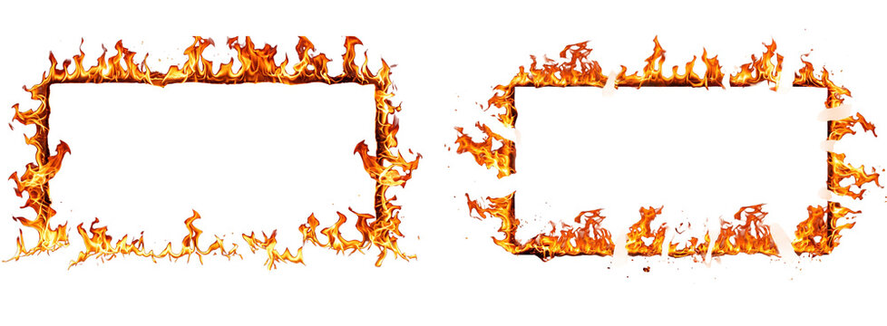 Realistic Burning Fire Frame with Flame Border, Rectangular Fire Effect PNG