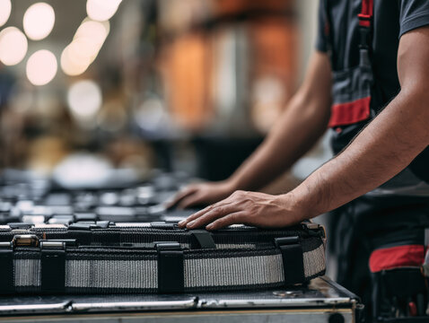 Worker's hands rest on a black mesh crate