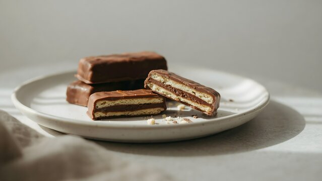 Crispy Chocolate Coated Wafer Biscuit Bars with Layered Cream Filling Halved and Stacked on a Minimalist Off-White Ceramic Plate Under Soft Warm Sunlight