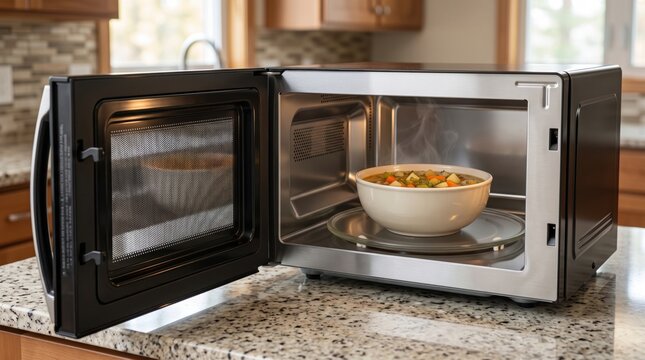 Open microwave oven with a plate of soup inside, heating a prepared meal in a modern kitchen, representing reheating, cooking, household convenience and kitchen appliances