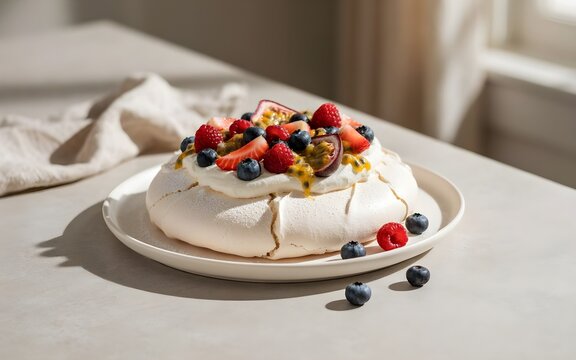 Classic Berry Pavlova Cake Topped with Whipped Cream, Fresh Strawberries, Blueberries, Raspberries, and Passion Fruit Drizzle on a Ceramic Plate