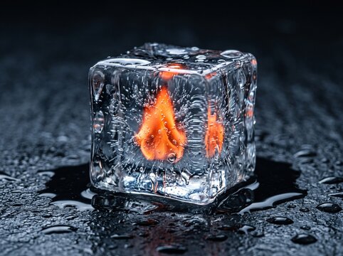 Surreal burning ice cube with orange fire flame inside, glowing frozen block on dark wet surface, conceptual contrast of hot and cold elements