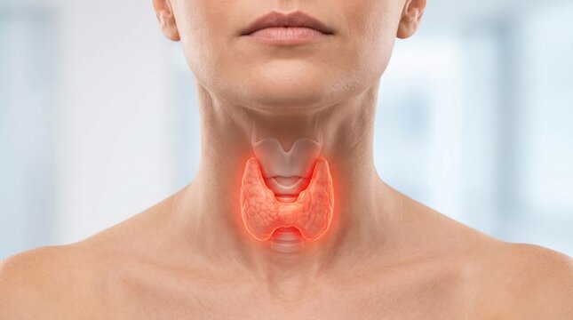 Close-up of a woman's neck with a glowing thyroid gland overlay, representing thyroid health, endocrine disorders, hormone function, diagnosis and medical awareness