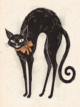 Spooky black cat with orange bow arched back and curled tail for Halloween