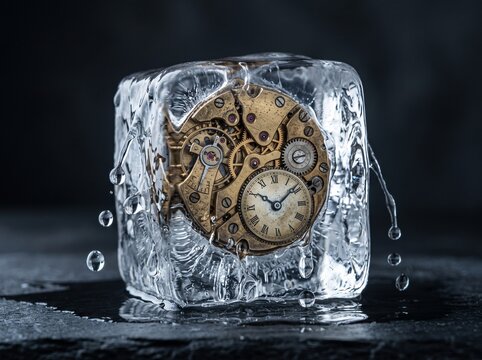Vintage pocket watch frozen in ice cube, antique clock mechanism trapped in melting ice, concept of frozen time and preservation