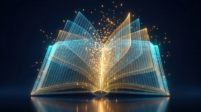 Radiant digital book concept representing knowledge, wisdom, and advanced technology.
